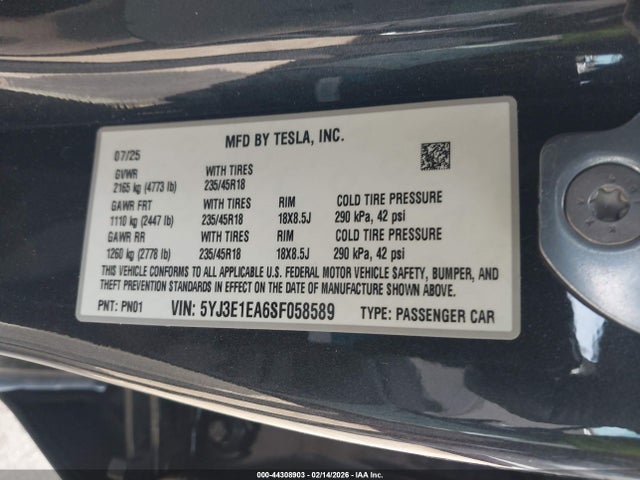 Продажа на аукционе авто 2025 Tesla Model 3 Long Range Rear-wheel Drive/standard Rear-wheel Drive, vin: 5YJ3E1EA6SF058589, номер лота: 44308903