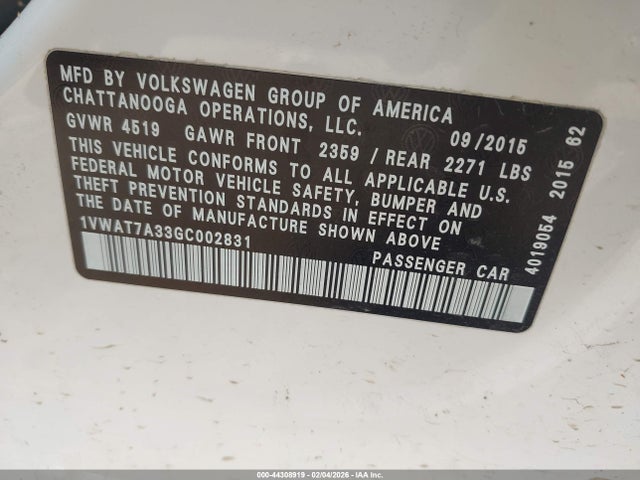 Продажа на аукционе авто 2016 Volkswagen Passat 1.8t S, vin: 1VWAT7A33GC002831, номер лота: 44308919