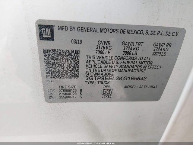 Aukcja sprzedaży 2019 Gmc Sierra 1500 At4, vin: 3GTP9EEL3KG165642, numer aukcji: 44308947