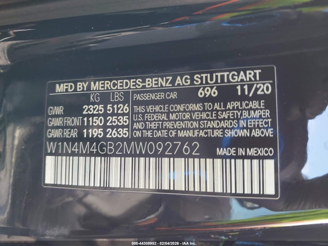 2021 Mercedes-benz Glb 250 მანქანა იყიდება აუქციონზე, vin: W1N4M4GB2MW092762, აუქციონის ნომერი: 44308952