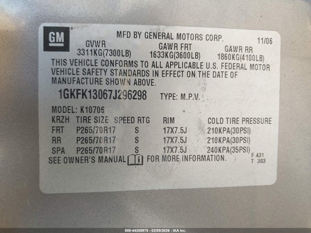 Aukcja sprzedaży 2007 Gmc Yukon Slt, vin: 1GKFK13067J296298, numer aukcji: 44308975