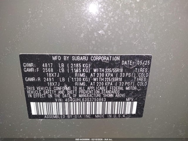 44308996 :رقم المزاد ، 4S4GUHL63S3750863 vin ، 2025 Subaru Crosstrek Limited مزاد بيع