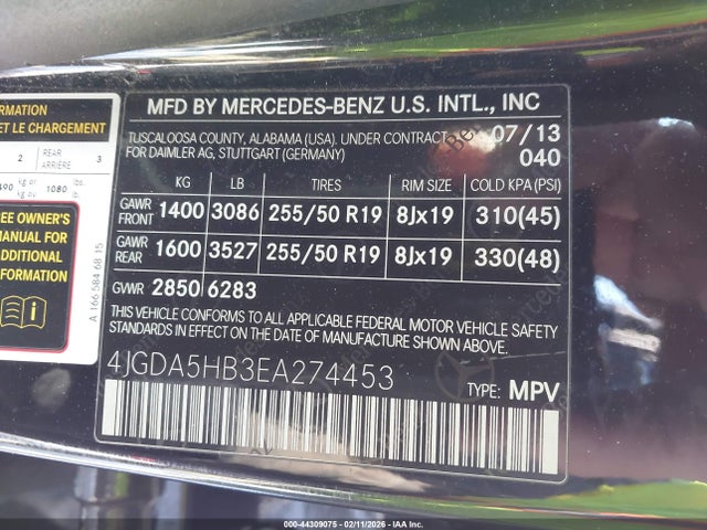 2014 Mercedes-benz Ml 350 4matic მანქანა იყიდება აუქციონზე, vin: 4JGDA5HB3EA274453, აუქციონის ნომერი: 44309075