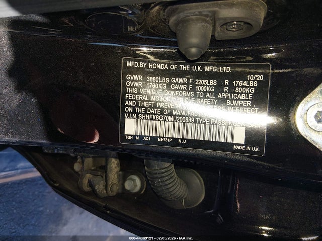 Aukcja sprzedaży 2021 Honda Civic Type R Touring, vin: SHHFK8G70MU200839, numer aukcji: 44309121