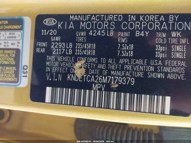 2021 Kia Seltos Sx Turbo მანქანა იყიდება აუქციონზე, vin: KNDETCA26M7179379, აუქციონის ნომერი: 44309216