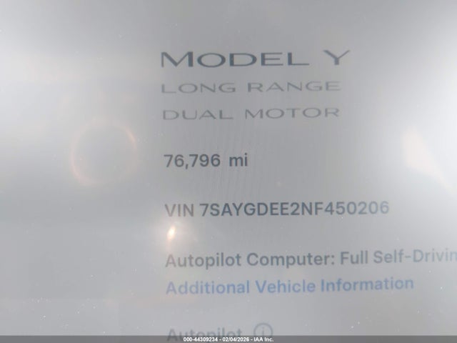 2022 Tesla Model Y Long Range Dual Motor All-wheel Drive მანქანა იყიდება აუქციონზე, vin: 7SAYGDEE2NF450206, აუქციონის ნომერი: 44309234