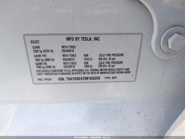 2022 Tesla Model Y Long Range Dual Motor All-wheel Drive მანქანა იყიდება აუქციონზე, vin: 7SAYGDEE2NF450206, აუქციონის ნომერი: 44309234