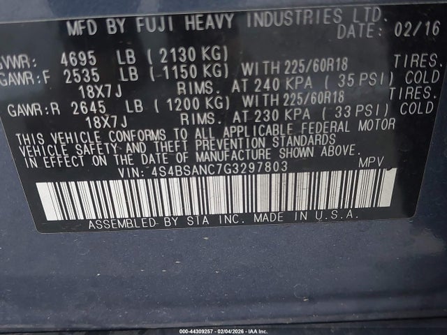 4S4BSANC7G3297803 Subaru Outback 2.5i Limited