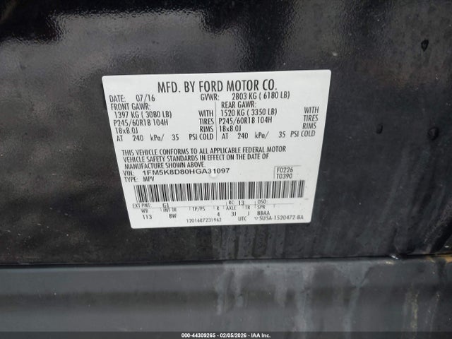 Ford EXPLORER XLT 2017 1FM5K8D80HGA31097 Image 9