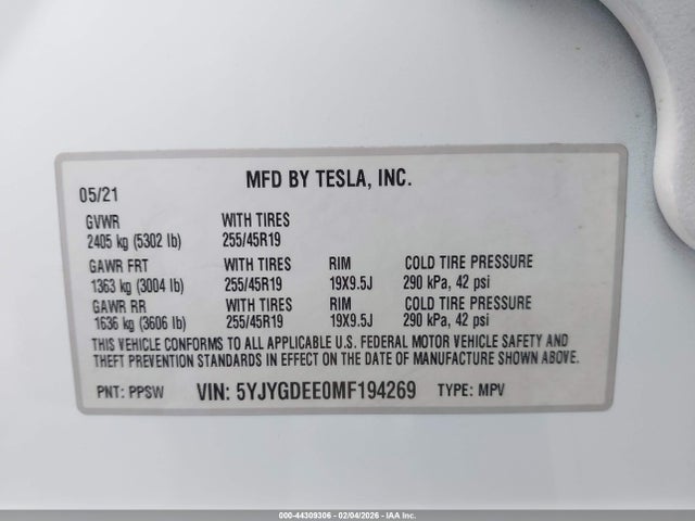 2021 TESLA MODEL Y 5YJYGDEE0MF194269 Photo 8