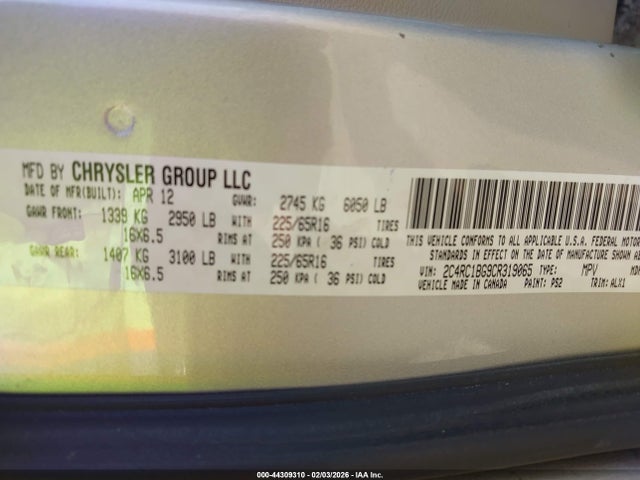 Продаж на аукціоні авто 2012 Chrysler Town & Country Touring, vin: 2C4RC1BG9CR319065, номер лоту: 44309310