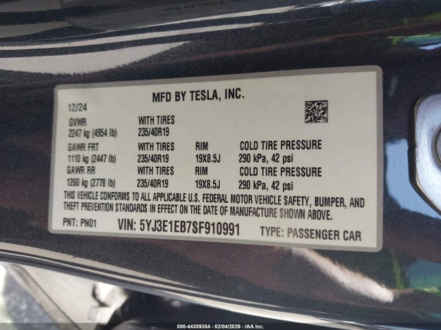 Продажа на аукционе авто 2025 Tesla Model 3 Long Range All-wheel Drive, vin: 5YJ3E1EB7SF910991, номер лота: 44309354