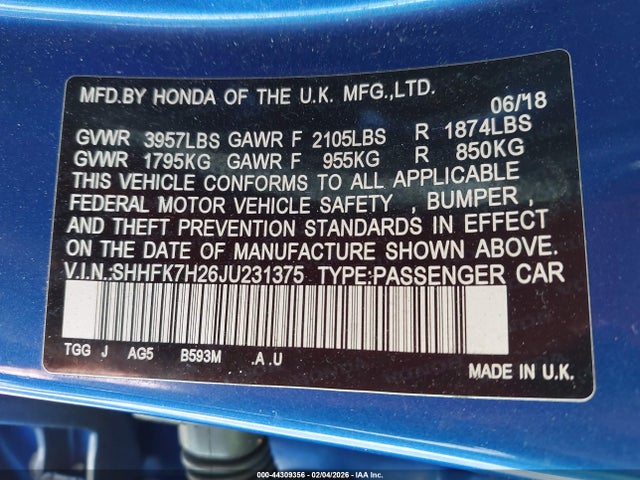 SHHFK7H26JU231375 Honda Civic Lx