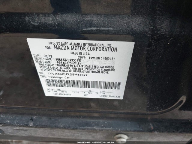 Aukcja sprzedaży 2013 Mazda Mazda6 I Grand Touring, vin: 1YVHZ8CHXD5M13622, numer aukcji: 44309461