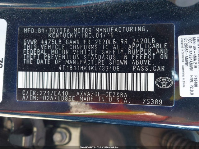 4T1B11HK1KU733408 Toyota CAMRY SE