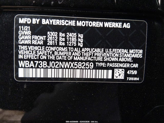 Aukcja sprzedaży 2022 Bmw 540 I Xdrive, vin: WBA73BJ02NWX58259, numer aukcji: 44309498