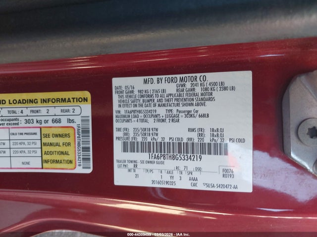 Ford Mustang Ecoboost 2016 1FA6P8TH8G5334219 Image 9