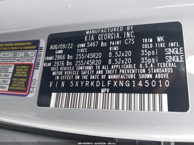 5XYRKDLFXNG145010 KIA SORENTO SX