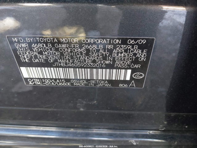 Продажа на аукционе авто 2009 Lexus Es 350, vin: JTHBJ46G592332016, номер лота: 44309521