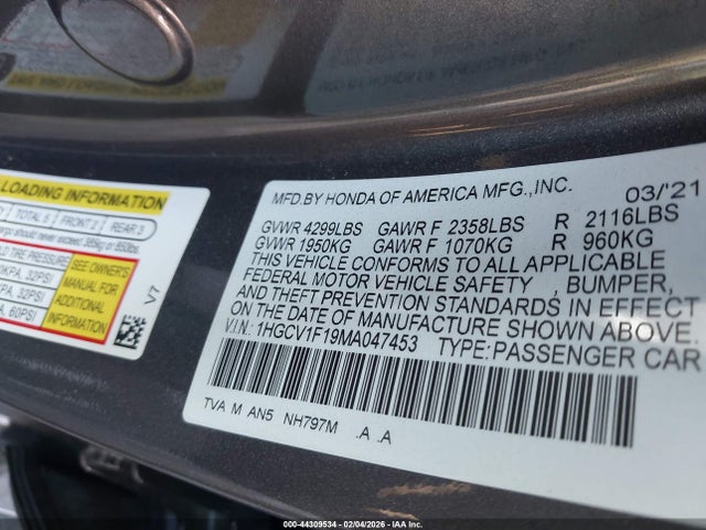 44309534 :رقم المزاد ، 1HGCV1F19MA047453 vin ، 2021 Honda Accord Lx مزاد بيع