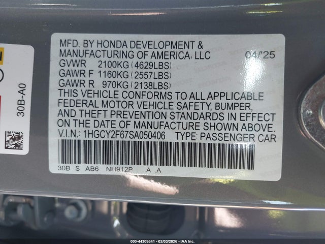 1HGCY2F67SA050406 Honda Accord Hybrid Ex-l