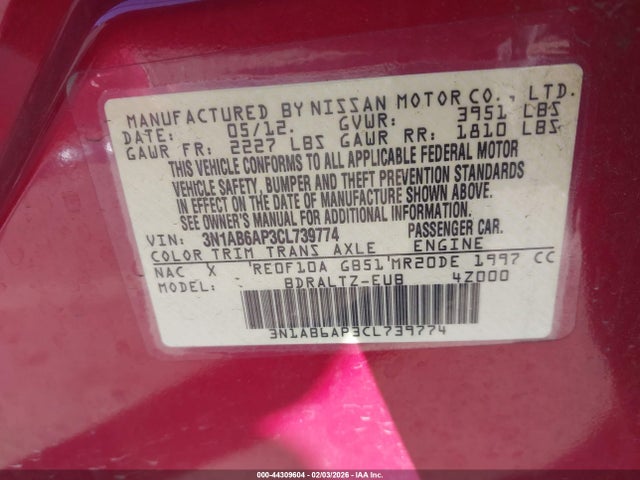 44309604 :رقم المزاد ، 3N1AB6AP3CL739774 vin ، 2012 Nissan Sentra 2.0 S مزاد بيع