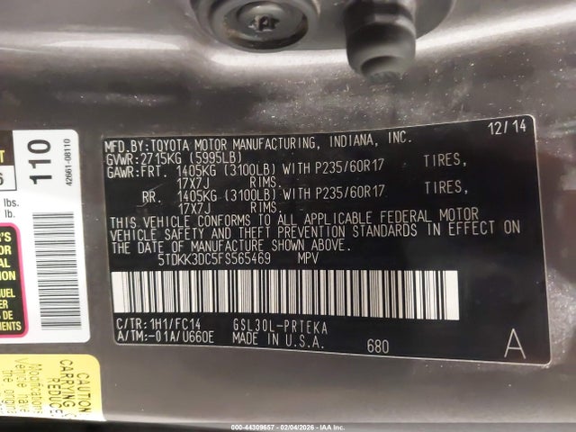 5TDKK3DC5FS565469 Toyota Sienna Le 8 Passenger