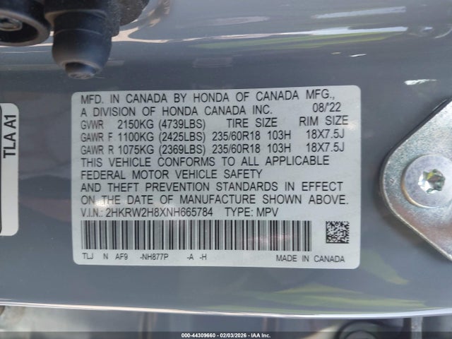 2HKRW2H8XNH665784 Honda Cr-v Awd Ex-l