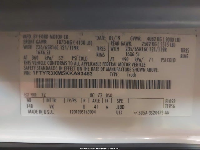 Aukcja sprzedaży 2019 Ford Transit-250, vin: 1FTYR3XM5KKA93463, numer aukcji: 44309669