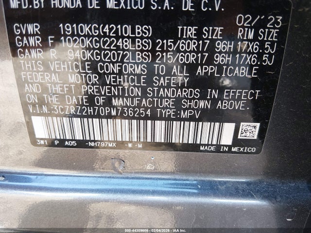 3CZRZ2H70PM736254 Honda Hr-v Awd Ex-l