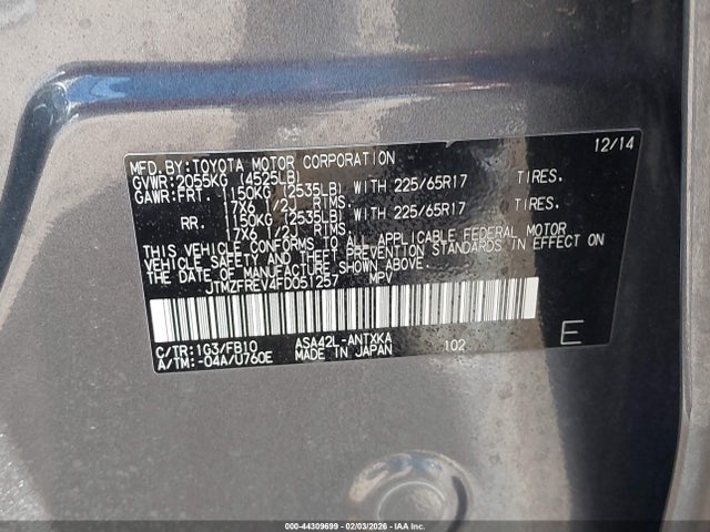 2015 Toyota Rav4 Le მანქანა იყიდება აუქციონზე, vin: JTMZFREV4FD051257, აუქციონის ნომერი: 44309699