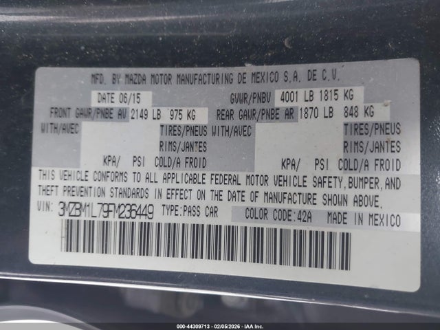 2015 Mazda Mazda3 I Touring მანქანა იყიდება აუქციონზე, vin: 3MZBM1L79FM236449, აუქციონის ნომერი: 44309713