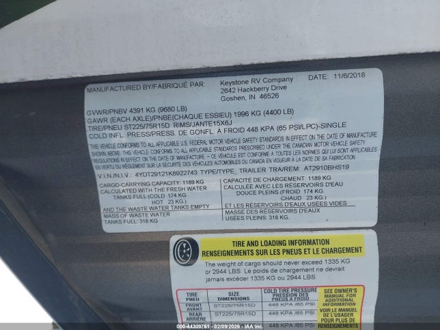 Продаж на аукціоні авто 2019 Keystone Rv Other, vin: 4YDT29121K8922743, номер лоту: 44309761