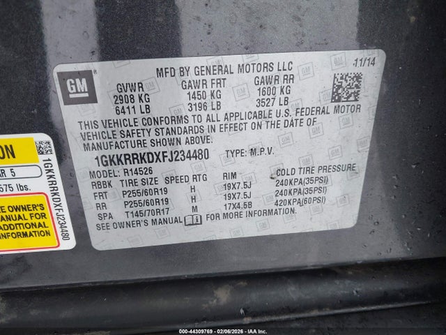 44309769 :رقم المزاد ، 1GKKRRKDXFJ234480 vin ، 2015 Gmc Acadia Slt-1 مزاد بيع