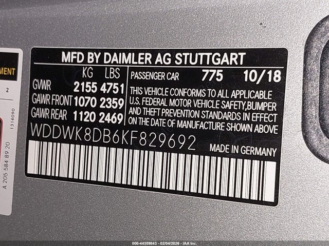 44309843 :رقم المزاد ، WDDWK8DB6KF829692 vin ، 2019 Mercedes-benz C 300 مزاد بيع