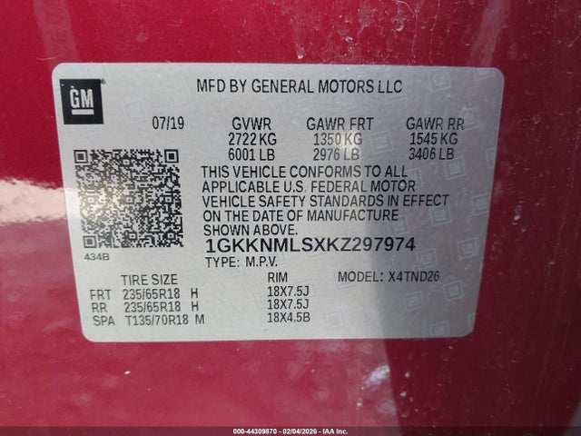 Aukcja sprzedaży 2019 Gmc Acadia Slt-1, vin: 1GKKNMLSXKZ297974, numer aukcji: 44309870