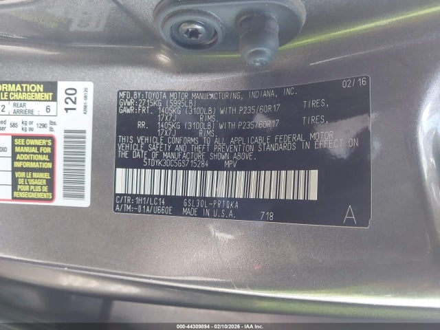 5TDYK3DC5GS715284 Toyota Sienna Xle 8 Passenger