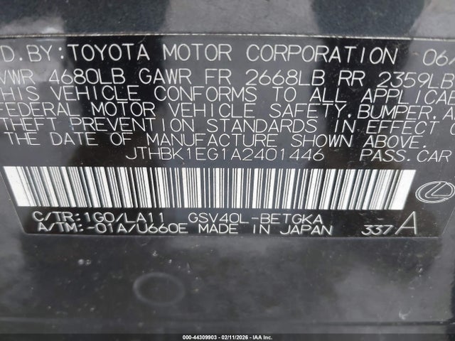 Aukcja sprzedaży 2010 Lexus Es 350, vin: JTHBK1EG1A2401446, numer aukcji: 44309903