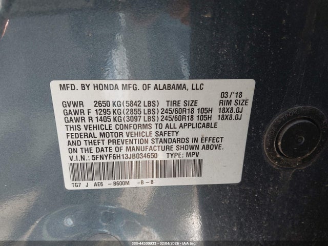 Honda PILOT LX 2018 5FNYF6H13JB034650 Image 9