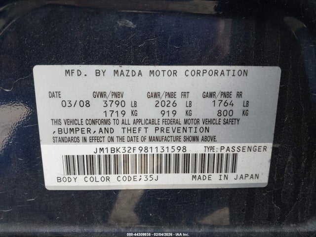 Aukcja sprzedaży 2008 Mazda Mazda3 I Touring Value, vin: JM1BK32F981131598, numer aukcji: 44309938