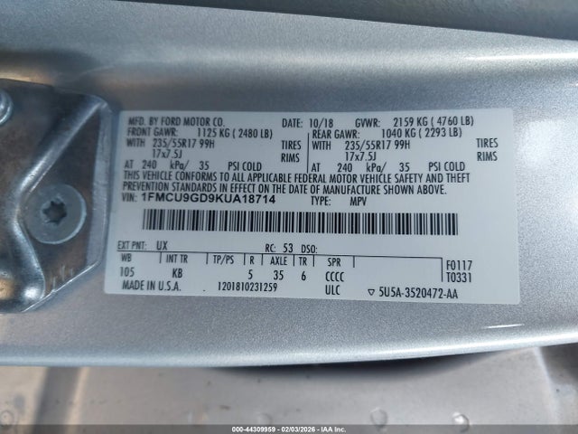 1FMCU9GD9KUA18714 Ford ESCAPE SE