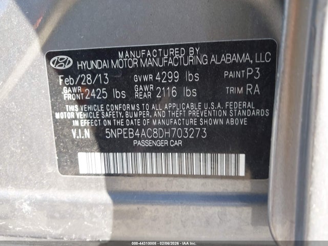 Продажа на аукционе авто 2013 Hyundai Sonata Gls, vin: 5NPEB4AC8DH703273, номер лота: 44310008