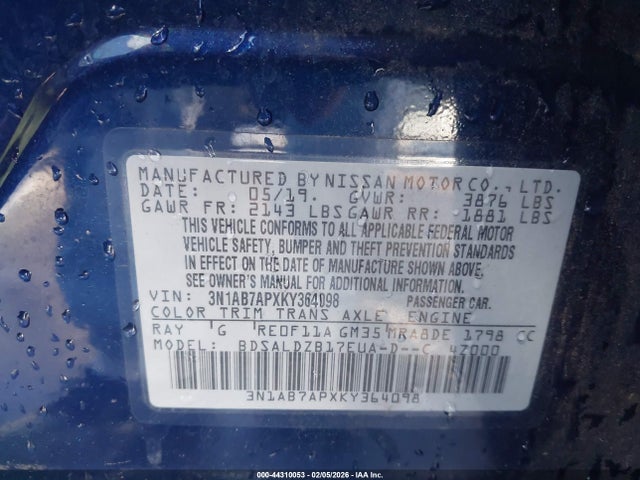 3N1AB7APXKY364098 Nissan SENTRA SV