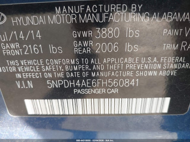 5NPDH4AE6FH560841 Hyundai ELANTRA SE