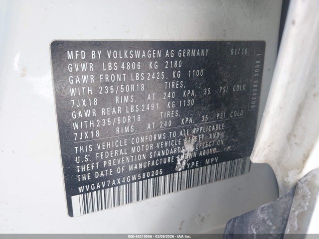 44310056 :رقم المزاد ، WVGAV7AX4GW580205 vin ، 2016 Volkswagen Tiguan Se مزاد بيع