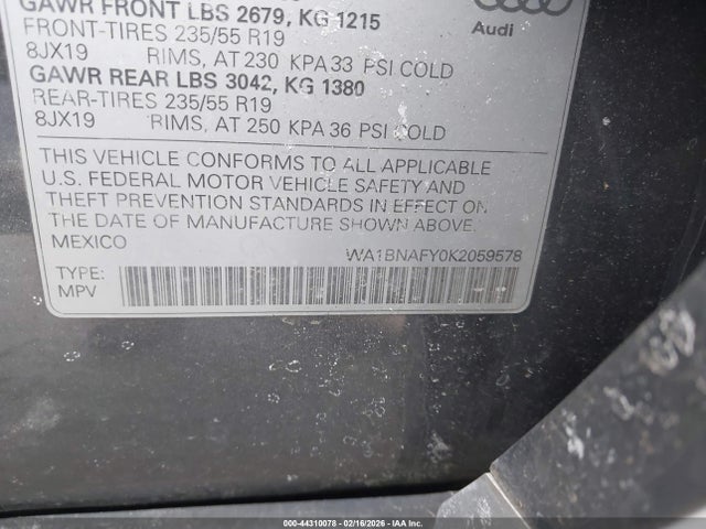 2019 Audi Q5 45 Premium მანქანა იყიდება აუქციონზე, vin: WA1BNAFY0K2059578, აუქციონის ნომერი: 44310078