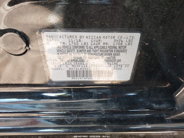3N1CN7AP6KL835712 Nissan Versa 1.6 Sv