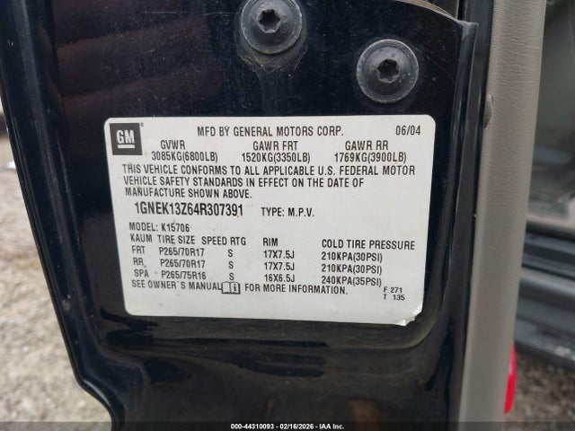 44310093 :رقم المزاد ، 1GNEK13Z64R307391 vin ، 2004 Chevrolet Tahoe Z71 مزاد بيع