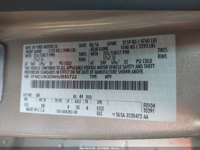 1FMCU9GD9HUB50722 Ford ESCAPE SE