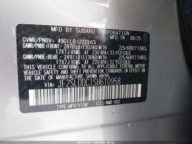 Aukcja sprzedaży 2025 Subaru Forester Premium, vin: JF2SLDDC1SH610958, numer aukcji: 44310191